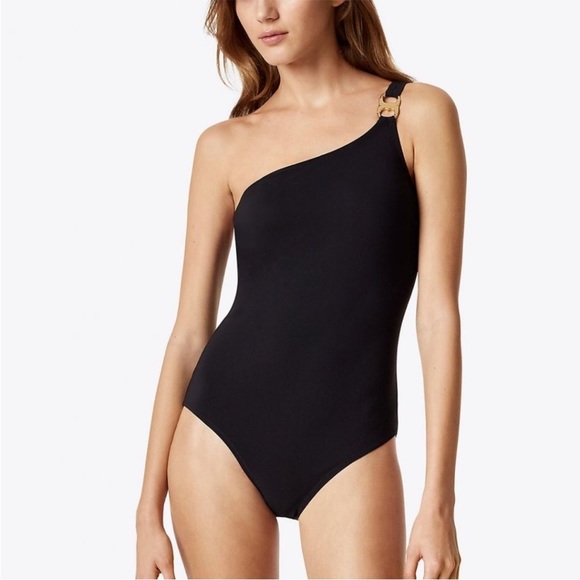 Tory Burch Gemini Link Silver Metal One Shoulder One Piece Swimsuit Black NWT - Picture 2 of 6